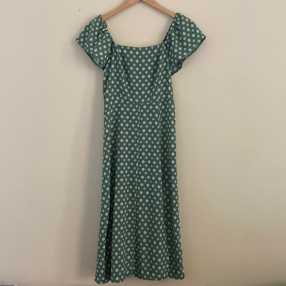 Green Dress with White Flower Midi Dress